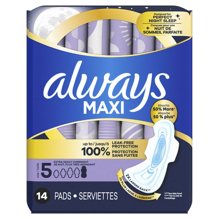 Always MAXI SIZE 5 maxi pads with wings, extra-heavy overnight absorbency, 14 pads per pack, designed for maximum protection.