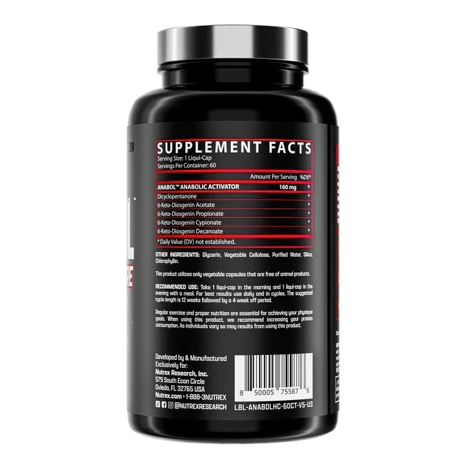 Testosterone booster supplement bottle labeled Nutrex Anabol Hardcore with 60 capsules on a plain background.