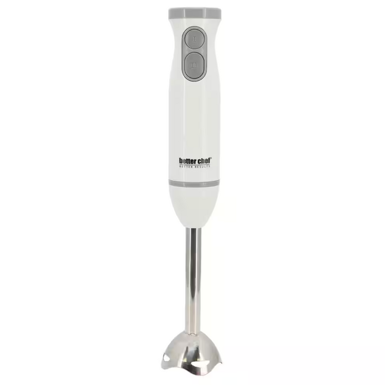 Better Chef immersion blender in black with stainless steel blending arm, showcasing its ergonomic handle and attachments.