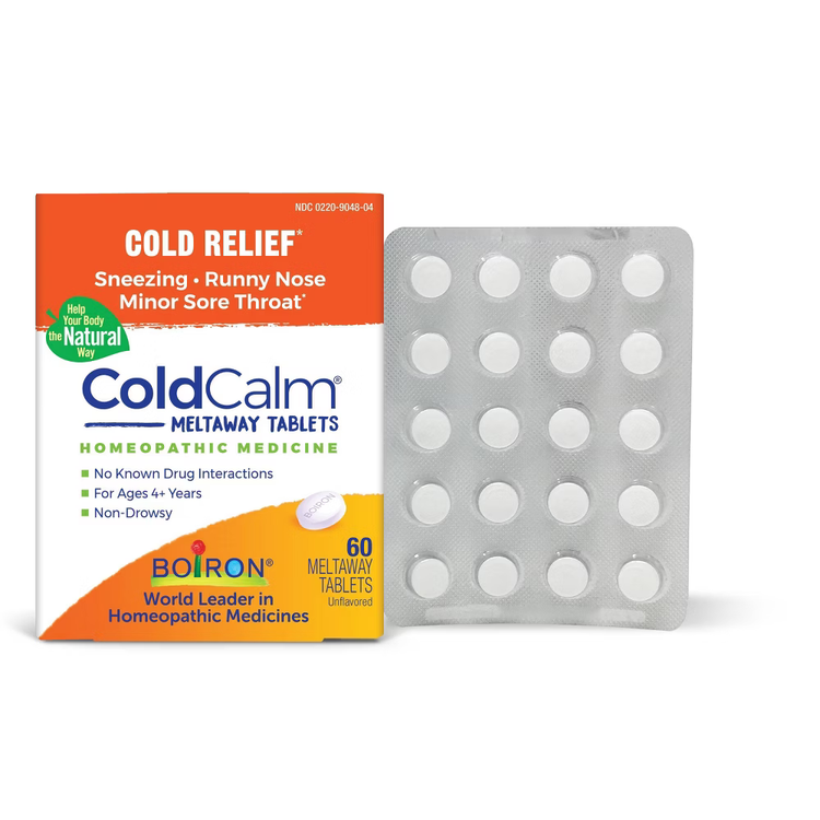 Boiron ColdCalm meltaway tablets in a bottle, natural remedy for cold relief, part of Farmacias Savia vitamins and supplements collection.