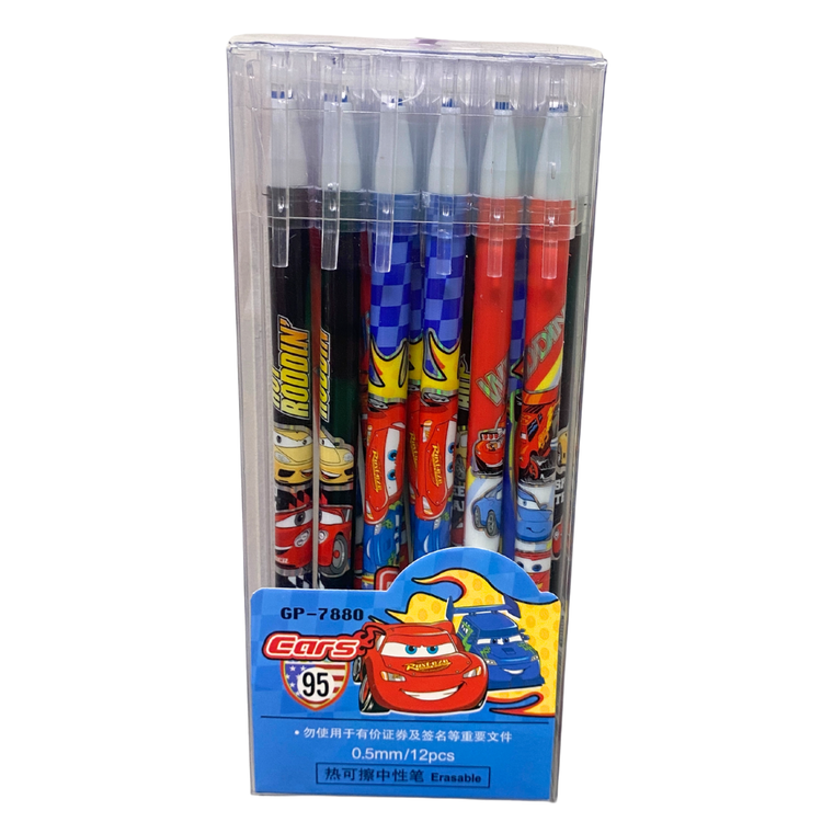 Set of 12 erasable gel pens from Cars brand, 0.5mm tip, ideal for school use, with colorful car-themed design.