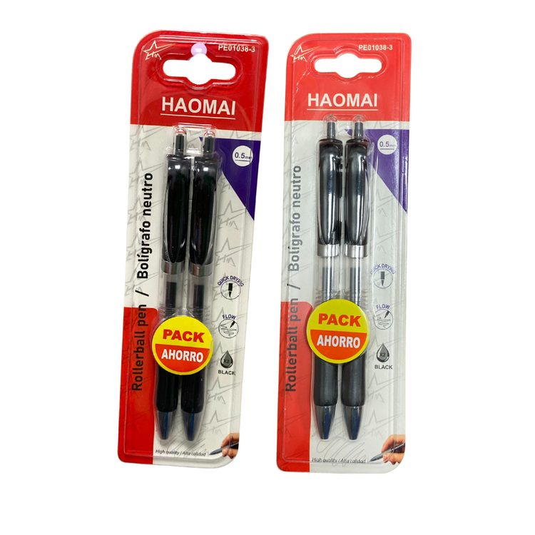 Set of two Haomai rollerball pens with 0.5mm tip, blue or black ink, ideal for school and writing tasks.