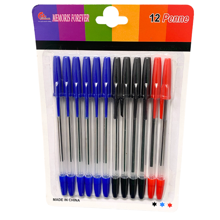 Set of 12 Memoris Forever school pens in blue, black, and red ink, featuring smooth writing and comfortable grip.