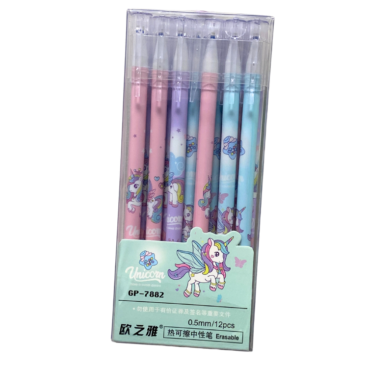 Pack of 12 unicorn-themed erasable gel pens by Farmacias Savia, 0.5mm tip, ideal for school use