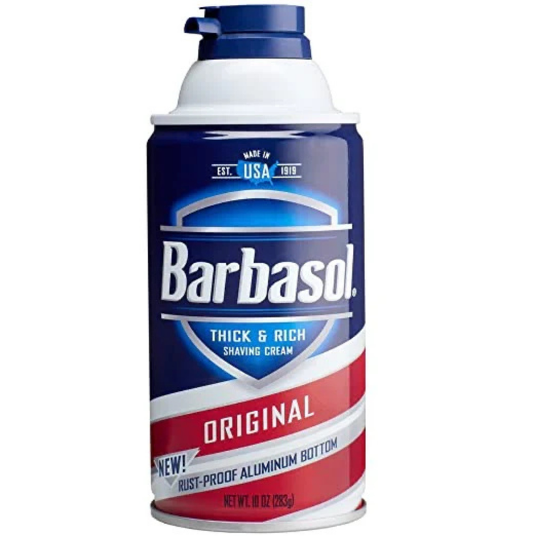 Barbasol Original Thick & Rich Shaving Cream in 11 oz container, creamy foam ideal for a close shave