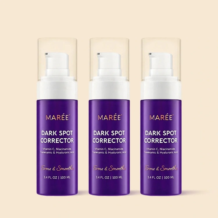 Maree Face and Body Serum for Dark Spots showing the serum bottle with applicator and smooth skin background