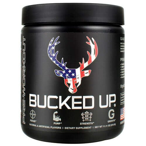 Bucked Up pre-workout powder by PoorBoySupplements.com in a jar with measuring scoop, designed to boost energy and focus during workouts.
