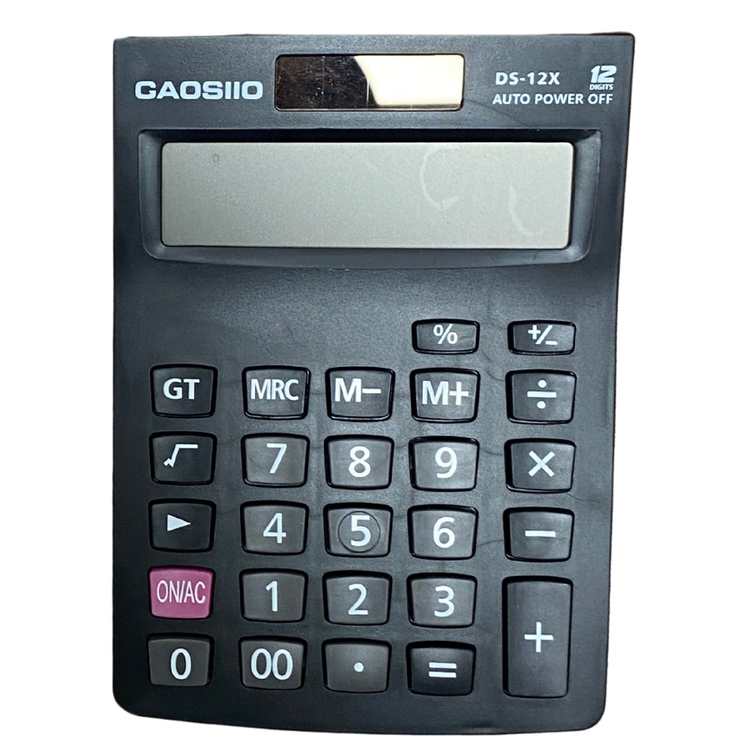 Solar and battery-powered GaosiiO DS-12X 12-digit school calculator with large display, ideal for students and academic use.