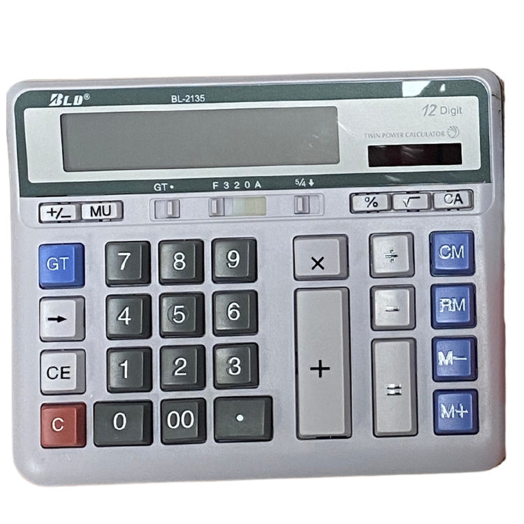 Desk calculator BLD BL-2135 by Farmacias Savia with 12-digit display and dual power for school or office use.