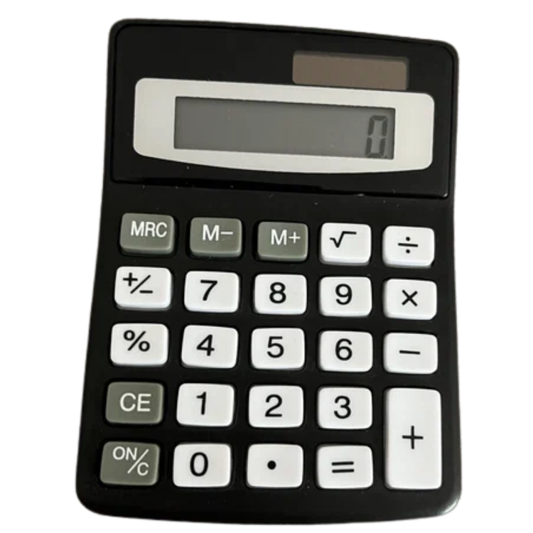 Compact solar calculator with 12-digit display, basic functions, ideal for school use, by Farmacias Savia.