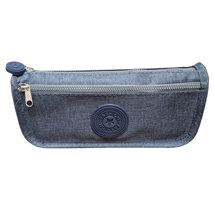 Blue denim school pencil case with zipper from Farmacias Savia, featuring a stylish fashion design for students.