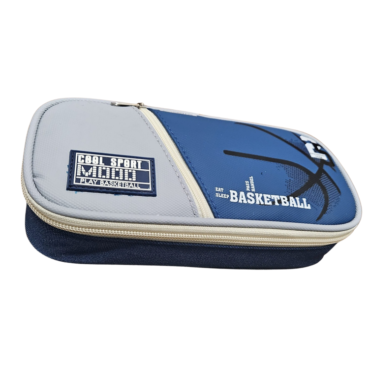 Blue and gray basketball-themed school pencil case with zipper from Farmacias Savia, designed for students.