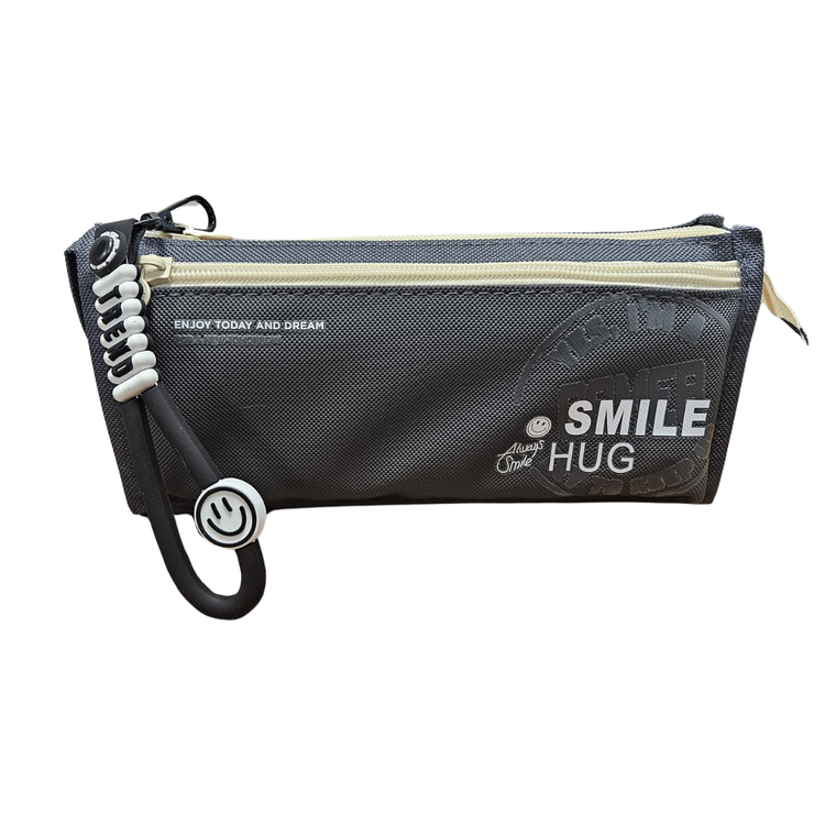 Black Smile Hug school pencil case with zipper and decorative pull tab, ideal for students and school supplies.