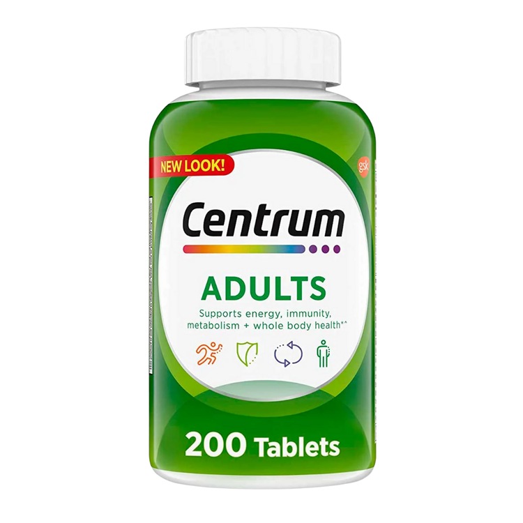 Centrum Adults multivitamin tablets in a bottle, showing 200 tablets, with colorful label and branding from Farmacias Savia.