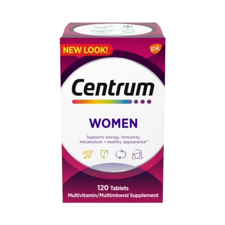 Centrum Women multivitamins for women, 120 tablets, showing the supplement bottle with label and tablets inside.