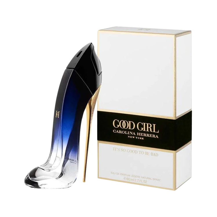 Carolina Herrera Good Girl Légère Eau de Parfum bottle with elegant black and gold design on a neutral background.