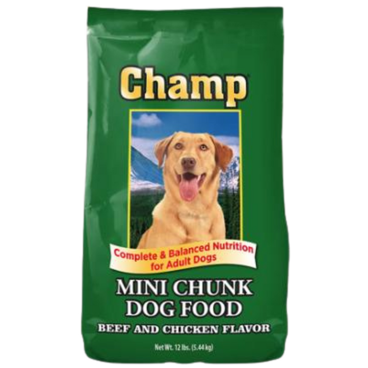 Mini Chunk Beef and Chicken Flavor Dog Food by Farmacias Savia, 12 lb bag with colorful packaging and product branding visible.