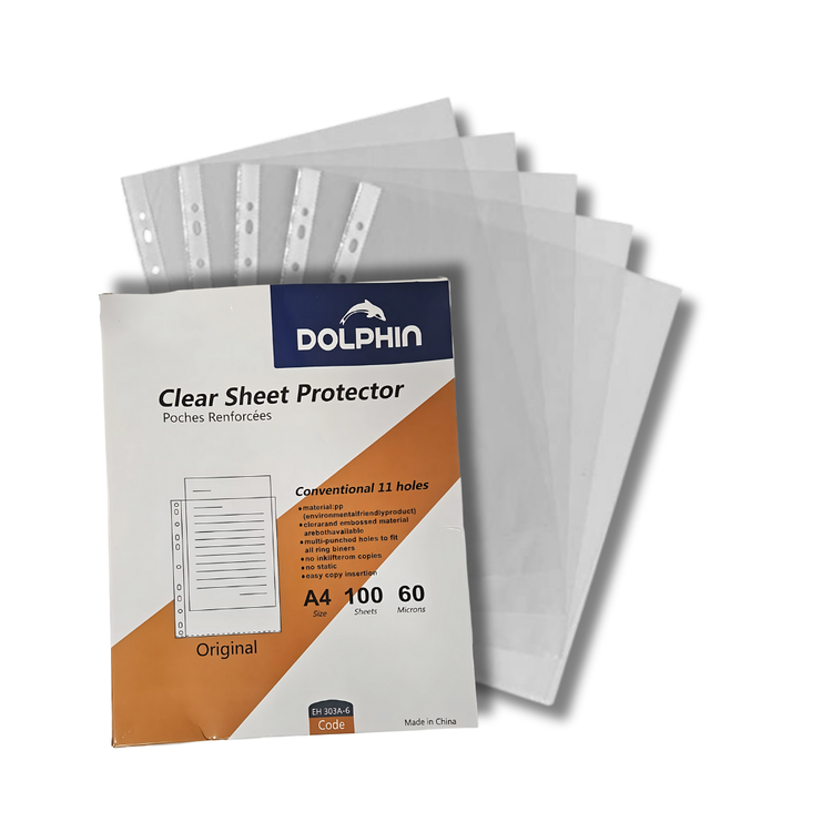 Dolphin Clear Sheet Protectors, 100 A4 size escolar document sleeves, transparent plastic protectors for papers.