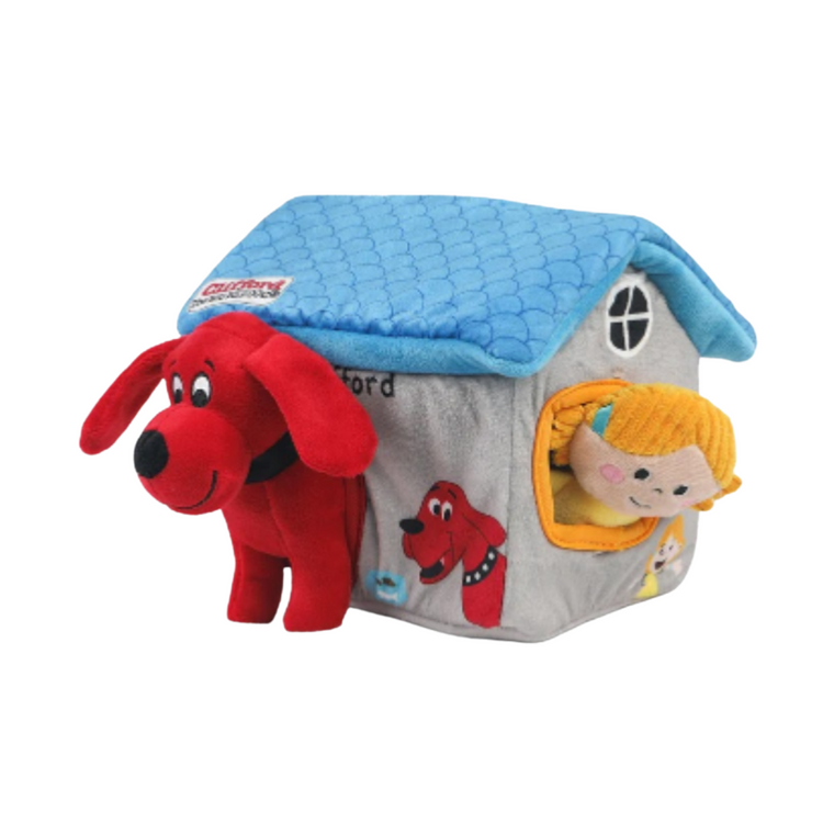 Clifford Cozy House puzzle plush pet toy, 7.9 inches, soft and colorful pet toy with a house shape for dogs or cats.
