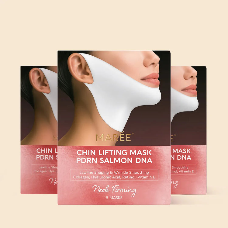 Maree PDRN V-line Lifting Mask with salmon DNA, showing the mask’s texture and packaging for facial skin lifting treatment.