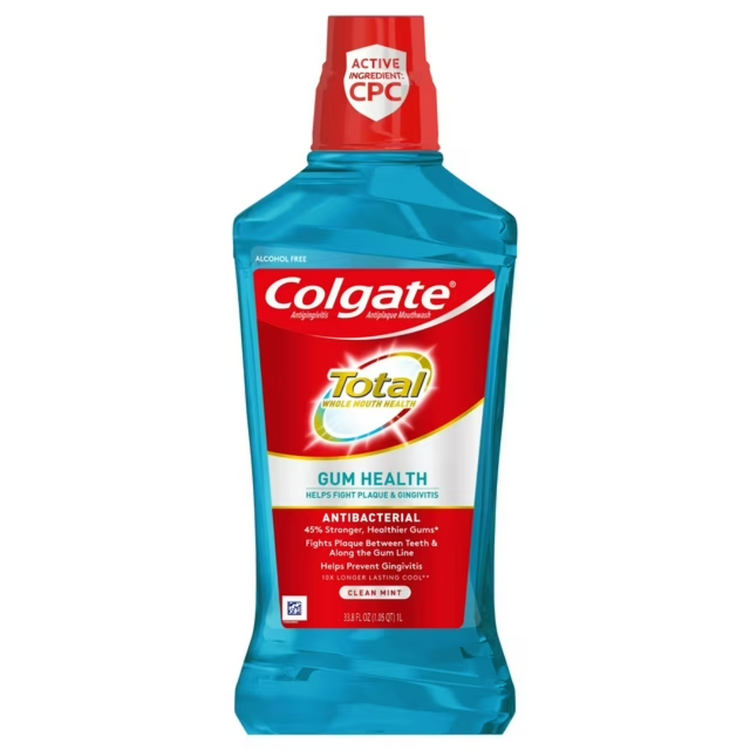 Colgate Total Advanced Pro-Shield Mouthwash for gum health in a 500ml bottle, featuring a clean mint flavor.