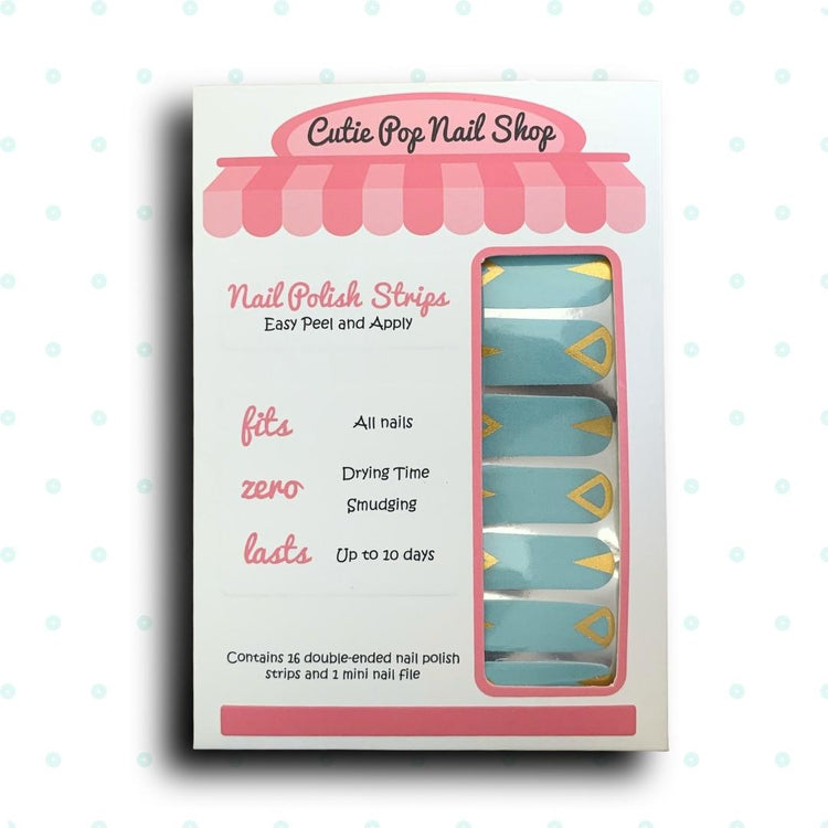 Gold triangle nail strips from Cutie Pop Nail Shop, stylish and shiny nail art design featuring geometric gold triangles.