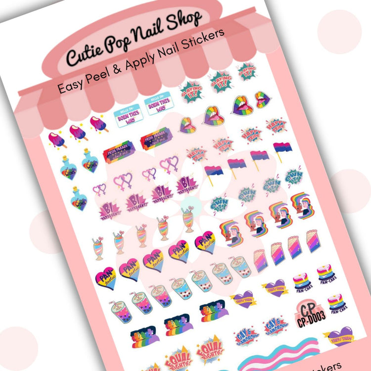 LGBT Pride nail stickers from Cutie Pop Nail Shop with colorful equal rights design on clear background
