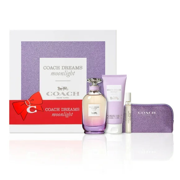 Coach Dreams Moonlight Eau de Parfum 4-piece gift set for women, including perfume bottles and packaging.