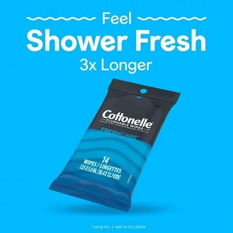 Cottonelle Fresh Care flushable wipes in a 14-count travel pack by Farmacias Savia, showing the package and wipes inside