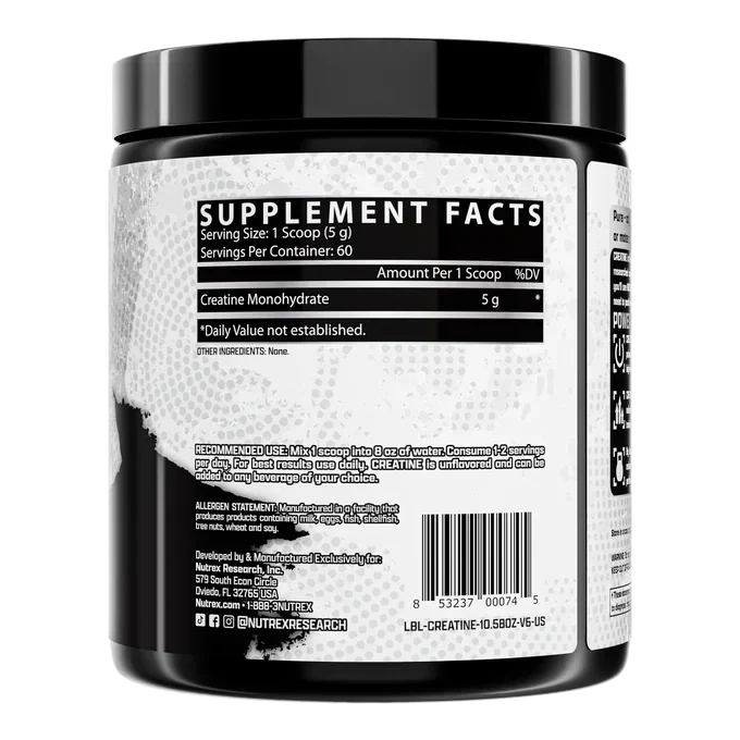 Creatine Monohydrate supplement container with 60 servings, featuring packaging for PoorBoySupplements.com, Kre-Alkalyn formula.
