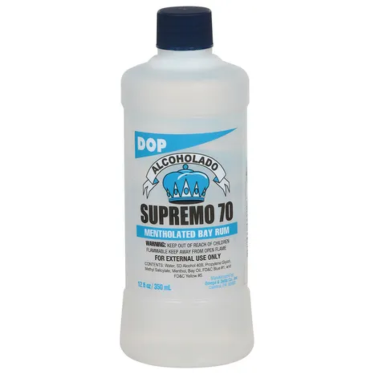 DOP Supremo 70 Alcoholado Mentholated Bay Rum in 12 oz bottle, used for first aid and antiseptic purposes.