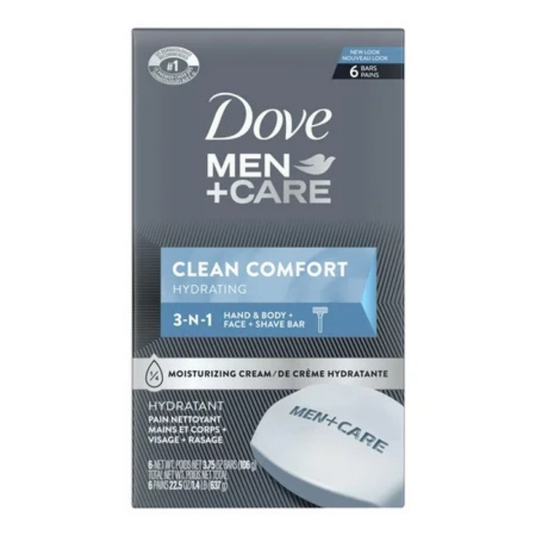 Dove Men+Care Clean Comfort Body and Face Bar 6-pack, 3.75 oz each, antibacterial soap for men, in a white and blue packaging.