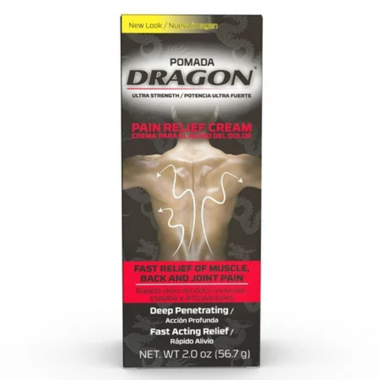 Dragon Muscle Pain Relief Cream in a 2 oz tube, OTC product from Farmacias Savia with a dragon logo on the packaging.