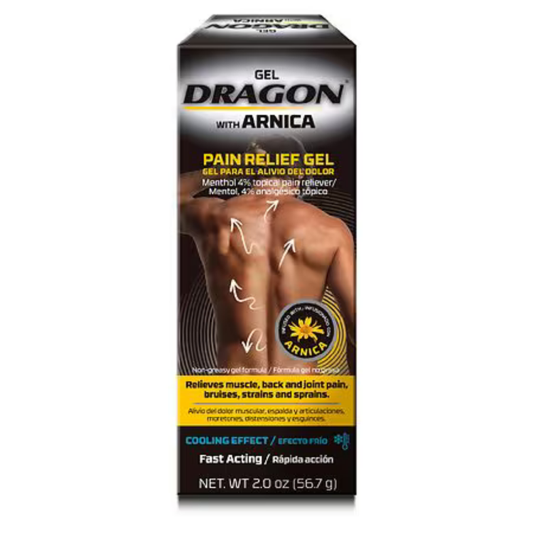Dragon Arnica Pain Relief Gel by Farmacias Savia, 2 oz tube, showing the herbal pain relief gel container with branding and labeling.