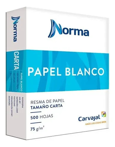 Pack of 500 sheets of white letter-sized paper from Norma, ideal for printing and writing, by Farmacias Savia.