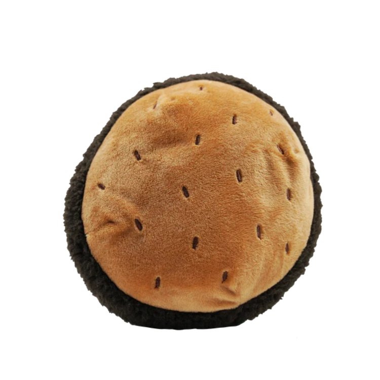 Soft plush hamburger dog toy from Happy Pet, ideal for chewing and play, featuring colorful fabric and realistic burger details.