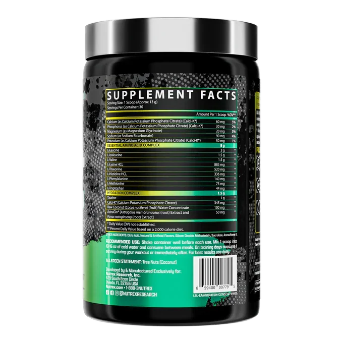 Nutrex EAA+ Hydration BCAA and amino acids supplement in a container, designed for hydration and muscle recovery.