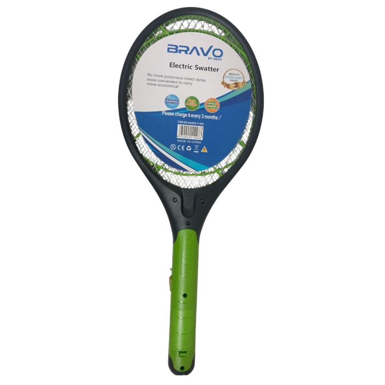 Electric bug zapper swatter from Farmacias Savia, showing a handheld electric insect swatter with a mesh surface for pest control.