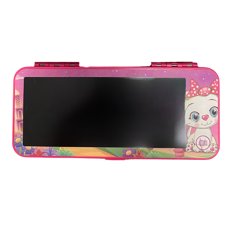 Pink magical pencil case with a cute bunny design, featuring built-in battery, perfect for school supplies and organization.