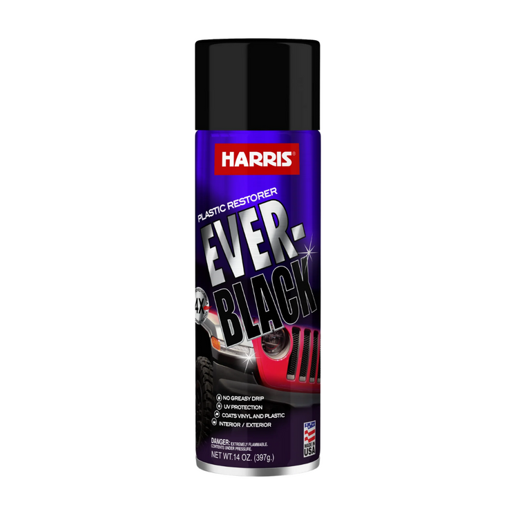 Ever Wet Black Trim Restorer Spray for auto vehicles, 14 oz, by Farmacias Savia, showing black car trim revitalization.