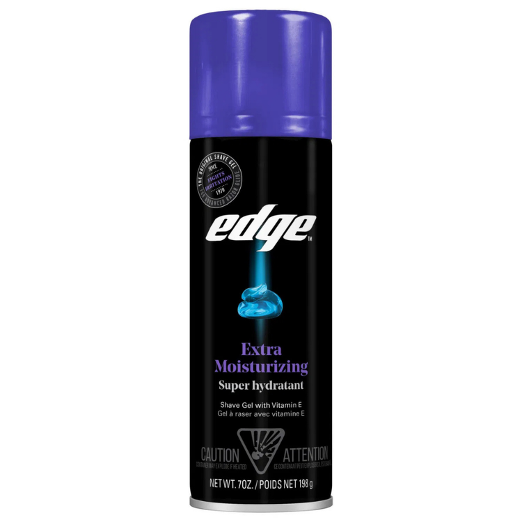 Edge Extra Moisturizing Shave Gel with Vitamin E in a 7 oz tube, designed for smooth, hydrated shaves.