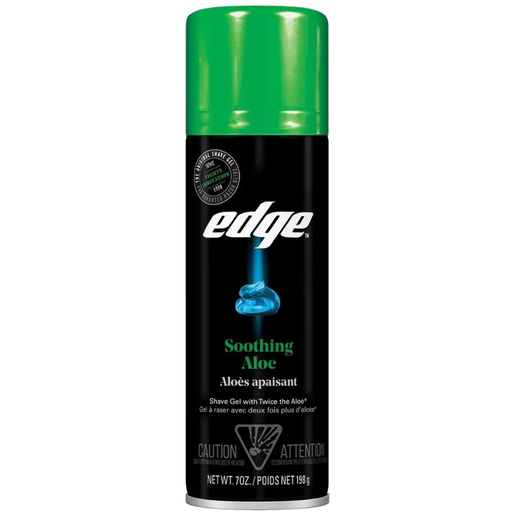 Edge Soothing Aloe shave gel in 7 oz container, creamy formula with aloe for a smooth, soothing shave.