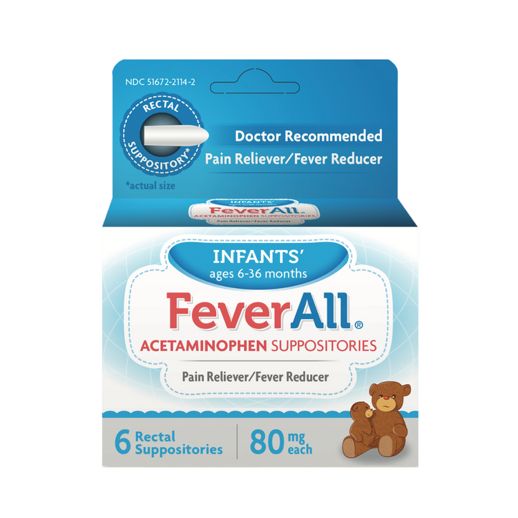 FeverAll infants’ acetaminophen suppositories 80mg for ages 6-36 months, displayed in a package with six suppositories.
