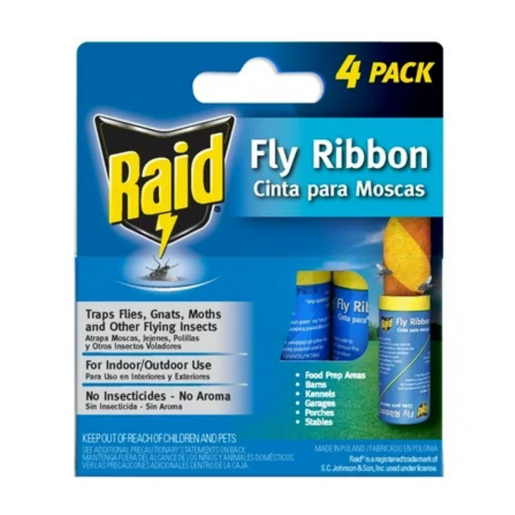 Raid Fly Ribbon 4-pack, insecticide strips for fly control, designed for indoor use, by Farmacias Savia.