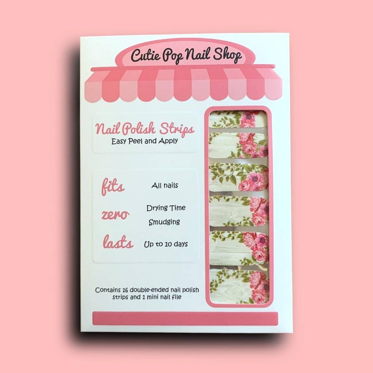 Peony Blooms nail strips by Cutie Pop Nail Shop, featuring floral design with pink and white peony patterns on nail strips.