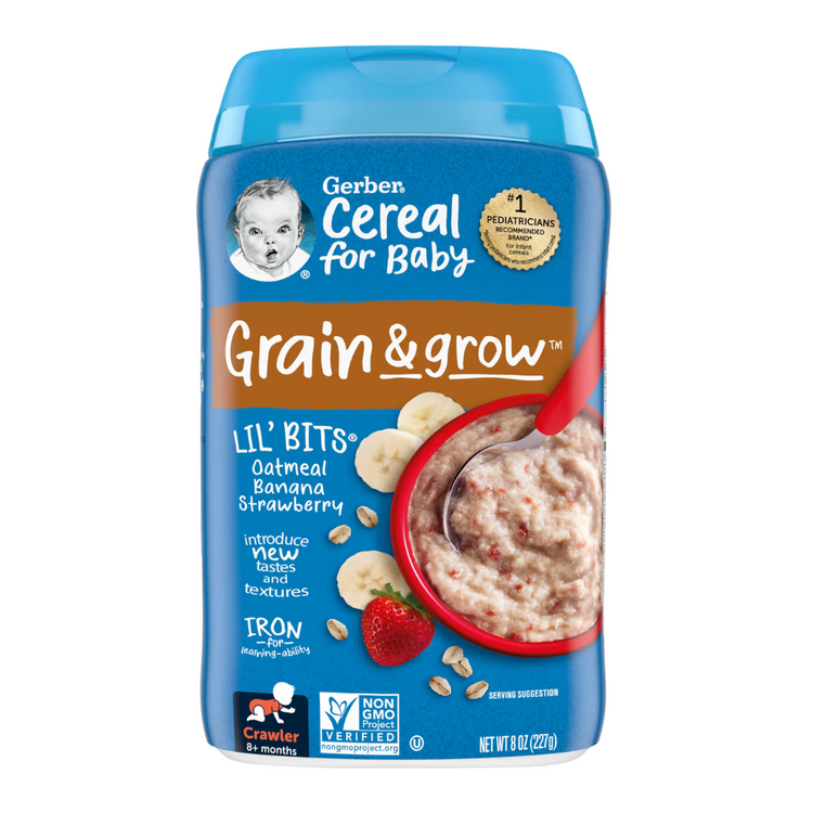 Gerber oatmeal baby cereal in an 8-ounce box, suitable for infants, with colorful packaging and serving suggestions.