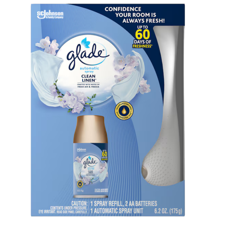 Farmacias Savia Glade Clean Linen Spray Kit with two bottles, home fragrance spray for fresh linen scent.