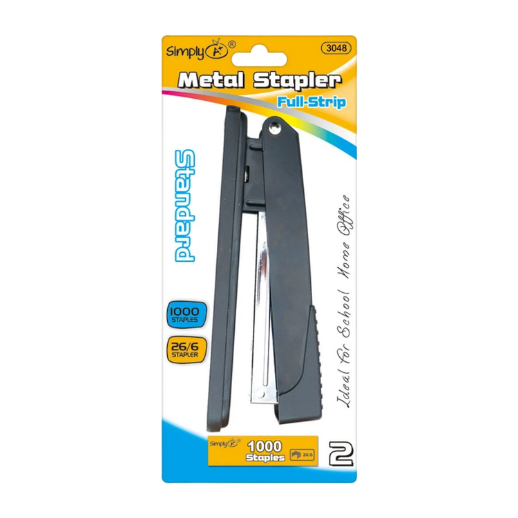 Standard school stapler with metal body and staples, ideal for classroom and office use.