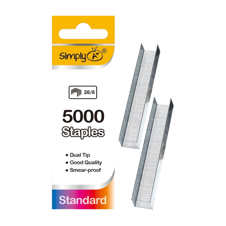 Box of Farmacias Savia Grapas Standard 5000CT escolar staples with metal construction and standard size for office or school use.
