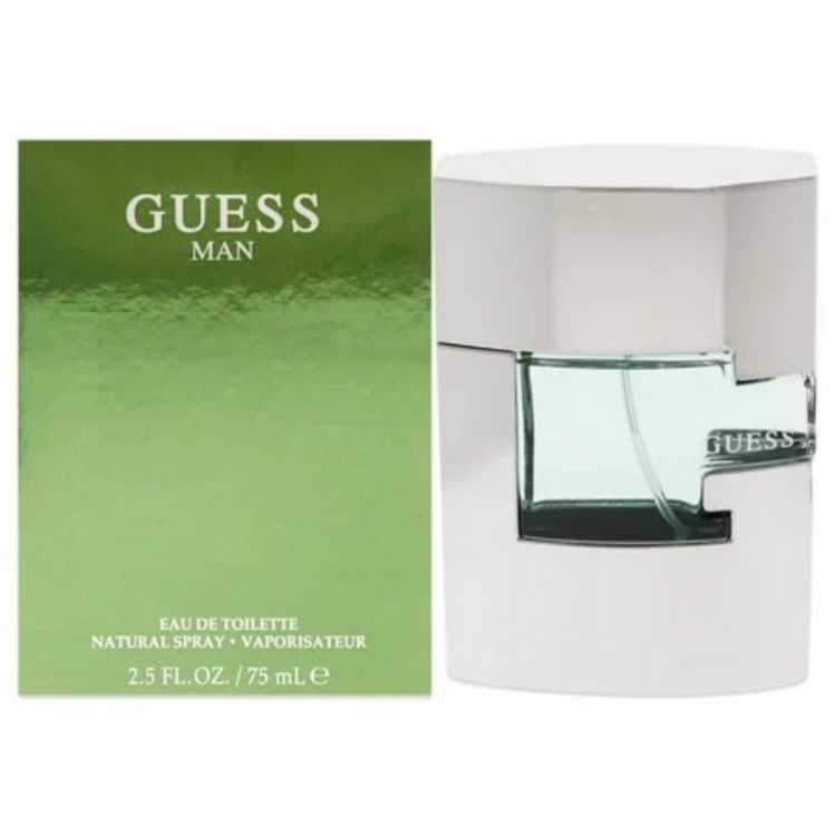 Guess Man Eau De Toilette cologne spray in 2.5 oz bottle, featuring a sleek glass design and masculine scent.